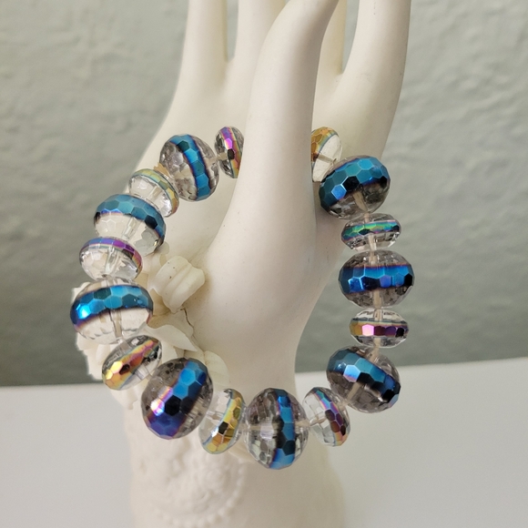 Vintage Czech Glass Stretchy Bracelet Twilight Skies AB Statement Retro - Picture 2 of 6